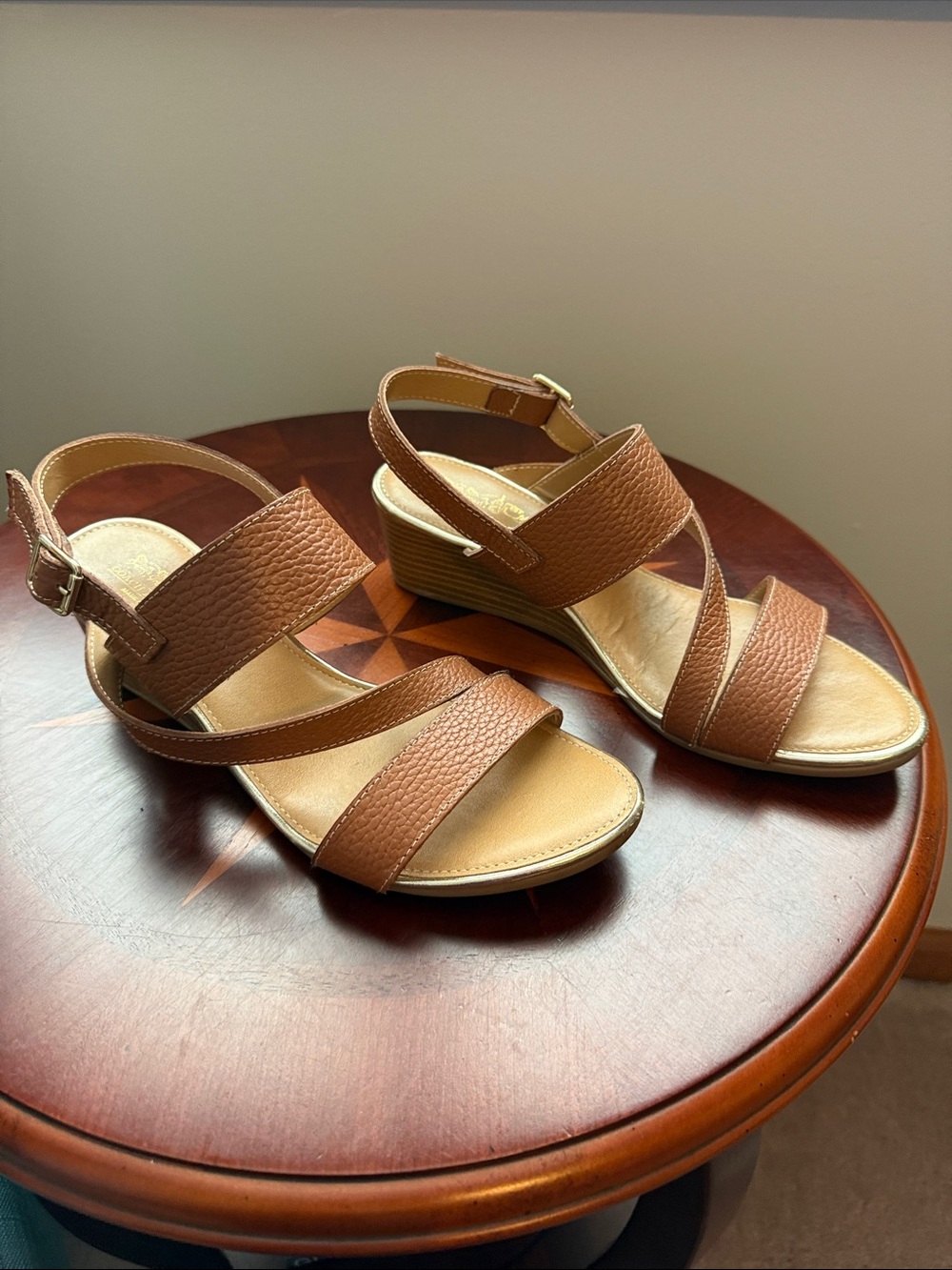 Coach and Four Tan Leather Strappy Wedge Sandals